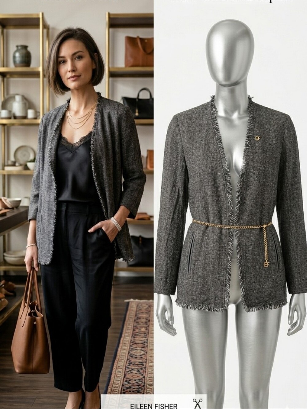 EILEEN FISHER Charcoal Grey Textured Fringe Open-Front Linen Cardigan Jacket, L